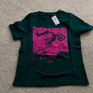 NWT GAP Kids Dark Green Tee with Pink Motocross Design- boys 6-7